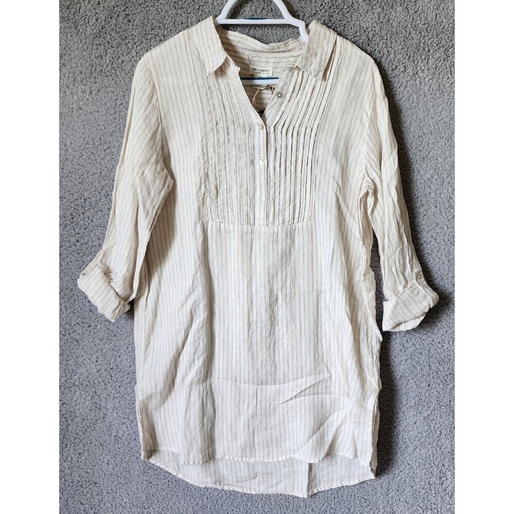 NEW Artisan NY Roll Tab Sleeve Pintuck Neck Popover Shirt Dress Beige Linen Sz M